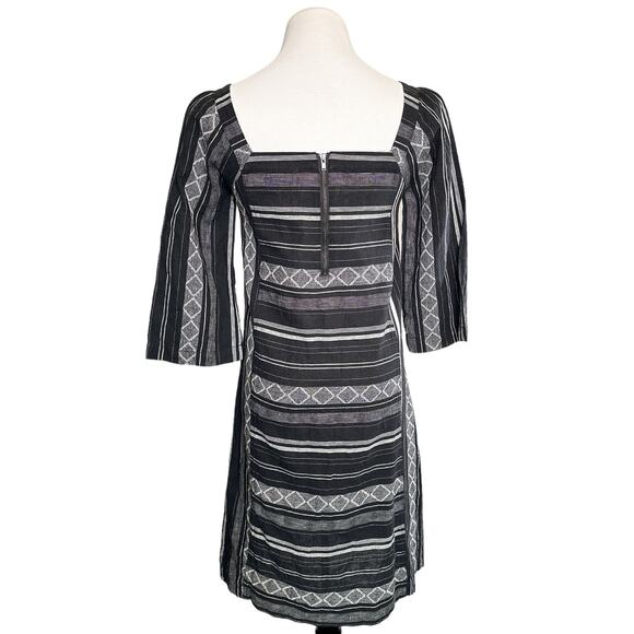 Wrap London NEW Linen Blend Square Neck Striped Argyle Shift Dress Black US 2 - Picture 2 of 12